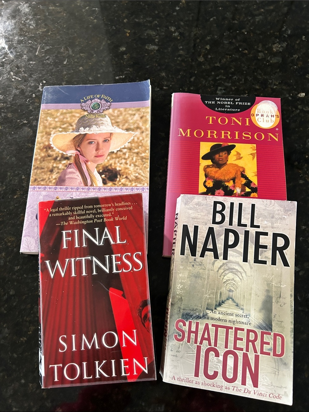 Lot of 4 adult novels, Oprah pick “Sula”, Final Witness, Shattered Icon, more